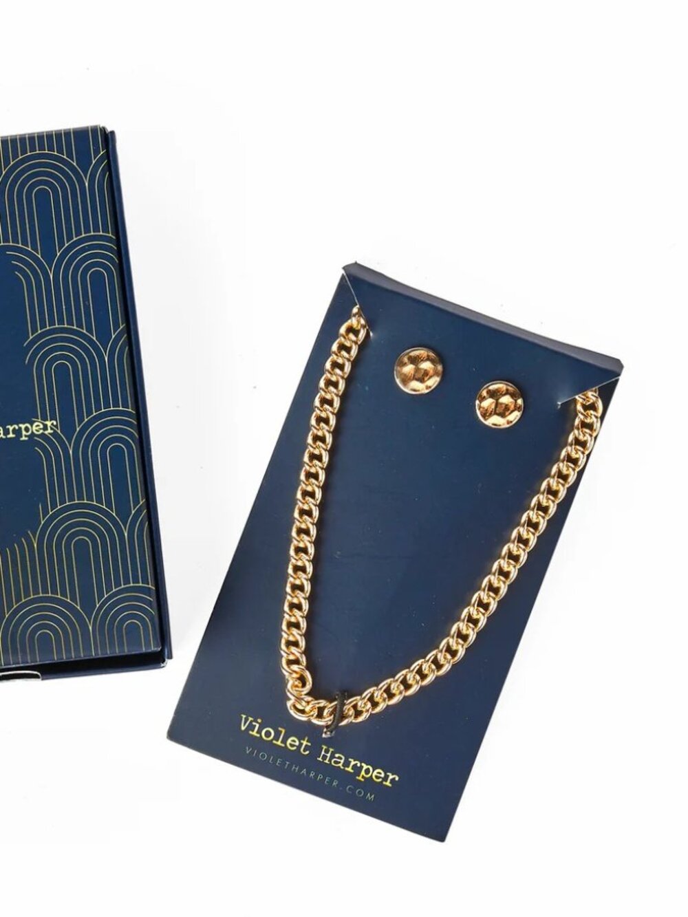 Violet Harper Elana Link Gold Plated Necklace & Round Hammered Earrings Set-NEW